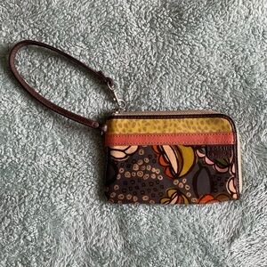 Fossil Yellow and Brown Clutch Wristlet with Leather Trim